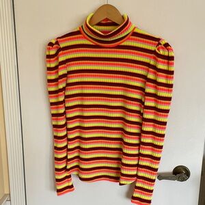Anthropologie Maeve Striped Ribbed Turtleneck in Neon Yellow, Red, Pink & Navy